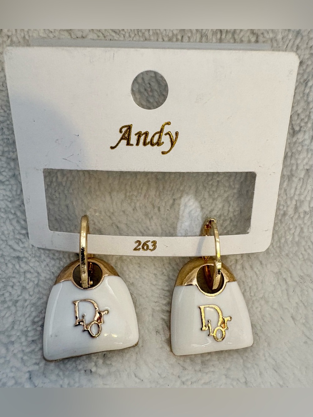 White and Gold Fashion Logo Drop Earrings - Picture 2 of 2